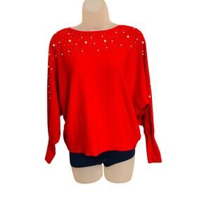 Greige Gorgeous pearl ornated vibrant red soft boatneck sweater pullover szSmall